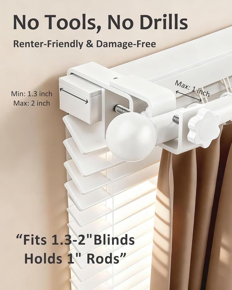 Mimiio Over Blinds Curtain Rod Brackets for Outside Mounted, No-Drill Blinds Curtain Rod Holders for 1.3-2" Rectangular Headrails, Tool-Free & No Wall Damage, Apartment & Renter Friendly (Set of 4, White) - Image 2